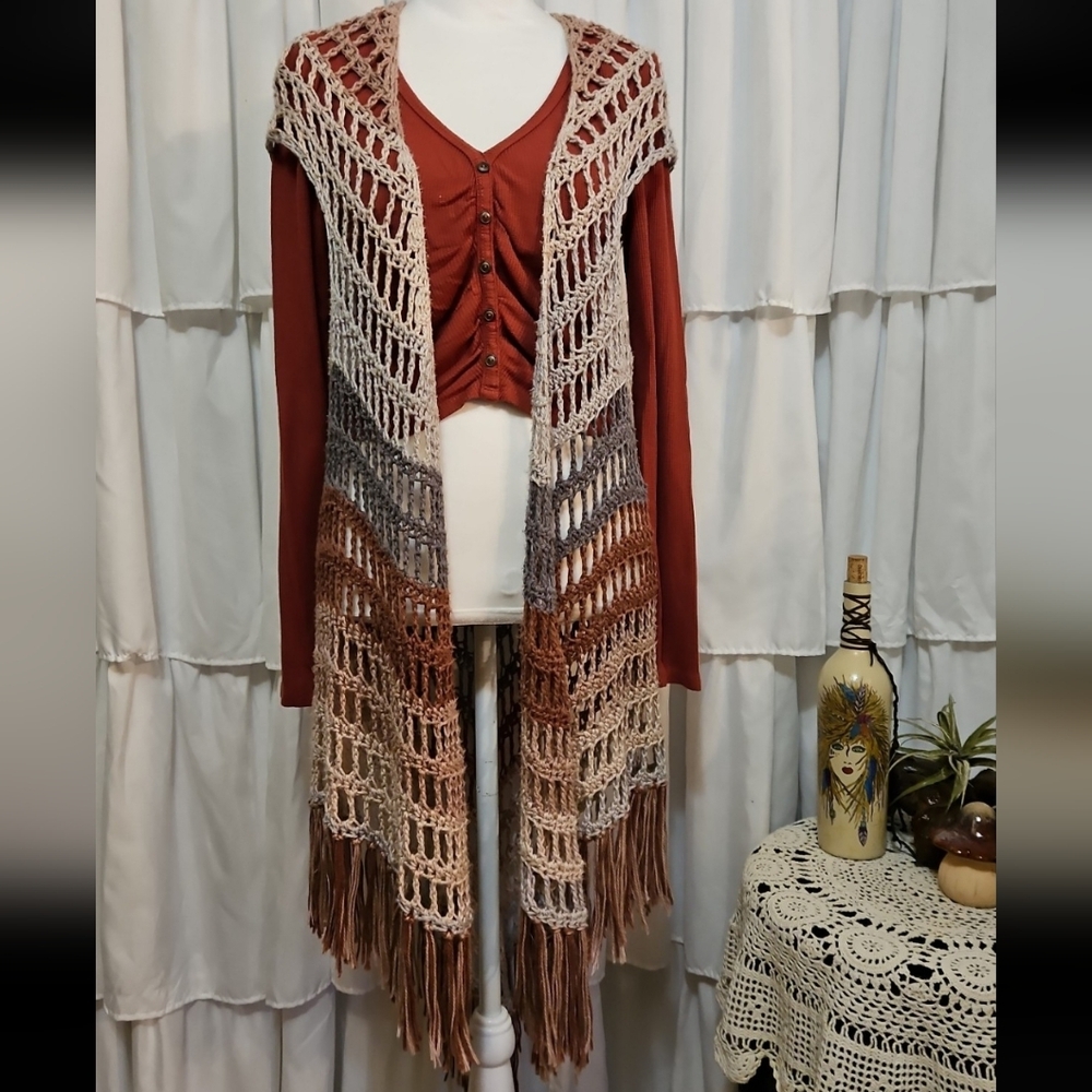 Handmade Boho Crochet Fringe Cardigan/Vest   S/M